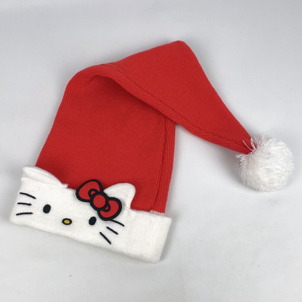Hello Kitty Sanrio Santa Hat Christmas Holiday Knit Beanie Stocking Cap Bioworld